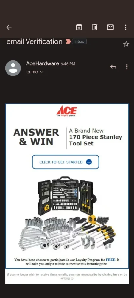 Fake email from Ace Hardware