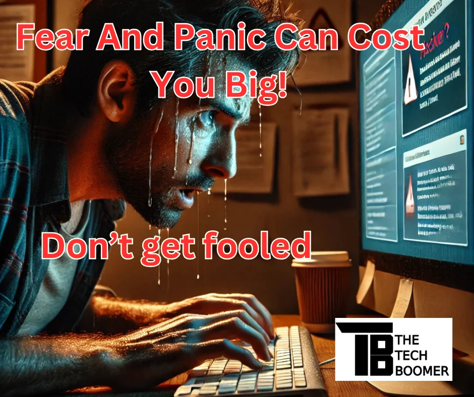 A man at a computer sweating because he fears he's been hacked