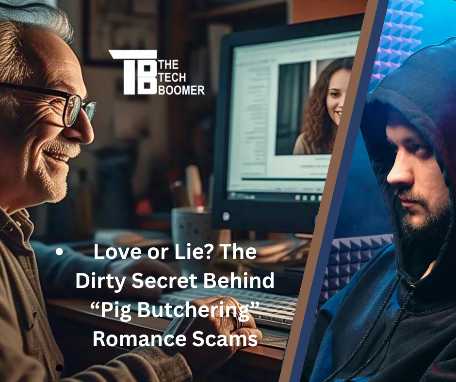 A senior man chatting with a woman on his computer but behind the scene is really a pig butchering scammer that he's chatting with