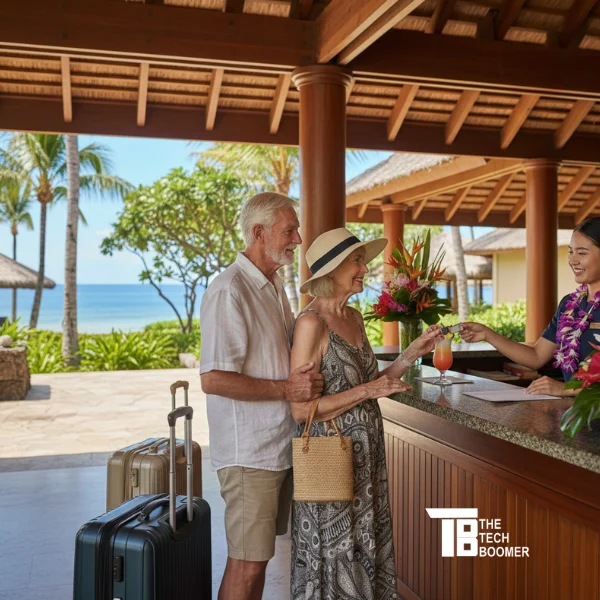 Senior couple checking into a resort hotel