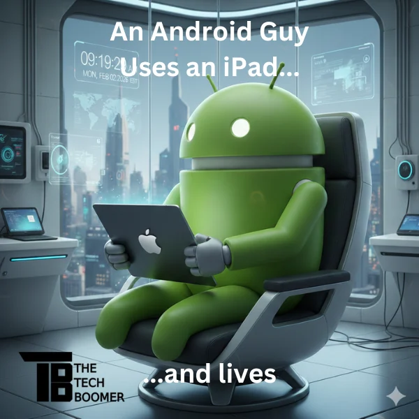 The Android mascot using an iPad