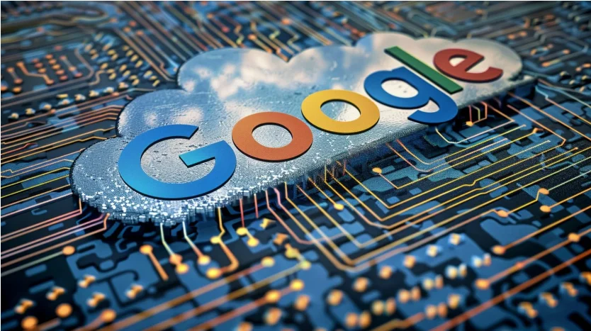 Google logo on a cloud on top of computer circuits